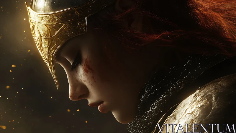 Battleworn golden knight in quiet ember kissed reverie.