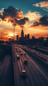 Cinematic urban sunset over highway leading to skyline silhouette.
