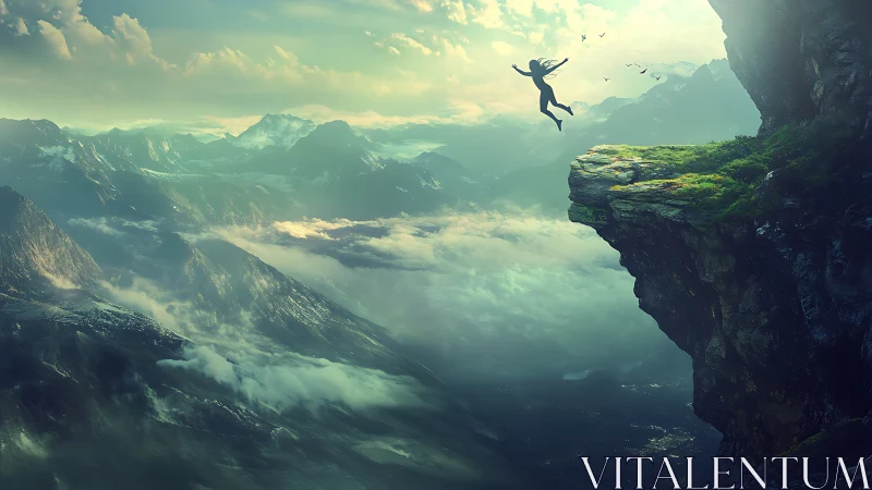 Silhouette leaping from cliff above misty mountain valley.