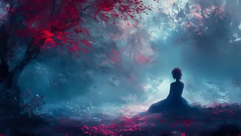 Silhouetted figure seated in misted forest clearing at dusk.