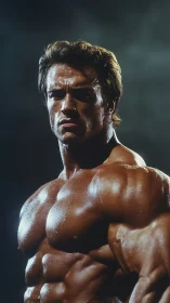 Bodybuilder portrait under dramatic rim lighting effects.