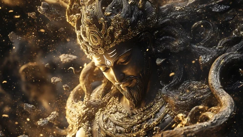 Golden cosmic guardian resting in swirling starlight.