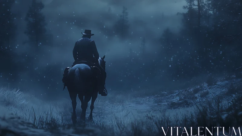 Lone rider crosses frozen forest trail in diffuse blue moonlight