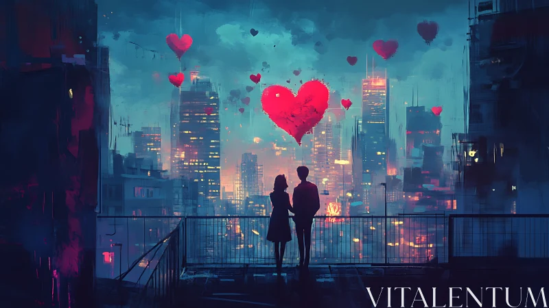 Urban Romance Under Floating Heart Symbols.