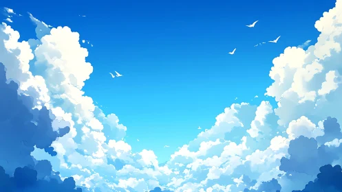 Digital sky illustration shows cumulus clouds and distant birds