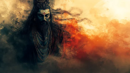 Mystic blue ascetic emerging through swirling firestorm clouds.