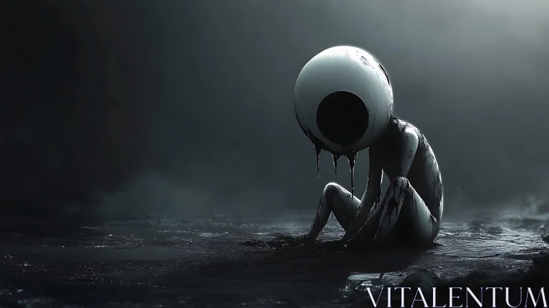 Eyeball-headed humanoid figure crouches on wet cracked ground