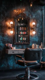 Moody salon station glows with vintage mirror and lighting