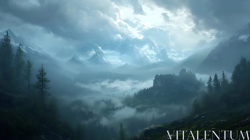 Mist-laden alpine valley beneath brooding storm clouds.