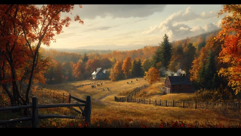 Radiant autumn farm valley with volumetric light gradients.