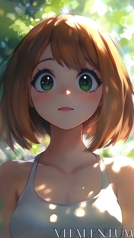 Anime-style portrait shows girl under diffuse dappled sunlight