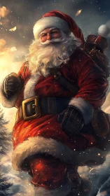 Jolly Santa strides through snowy twilight with warm cheer