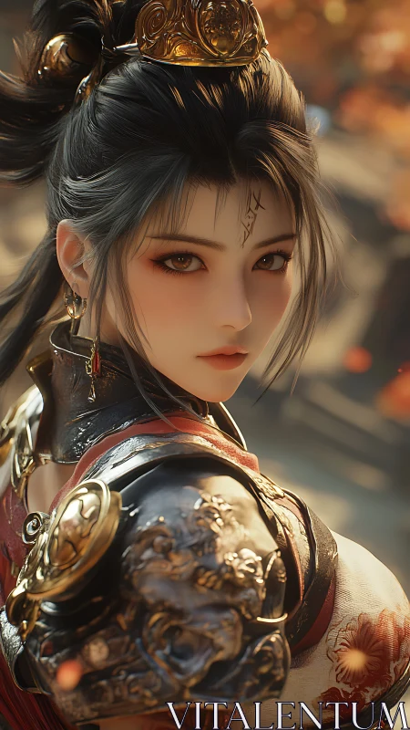 Rendered warrior portrait depicts armored figure in profile