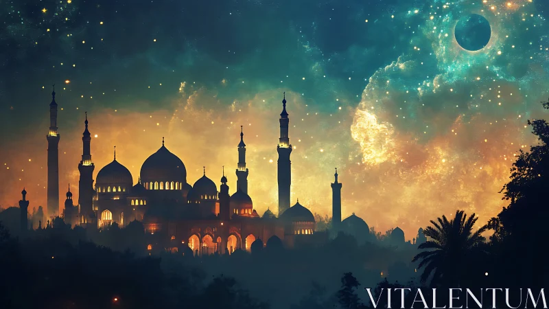 Midnight palace skyline glows softly beneath a starlit sky