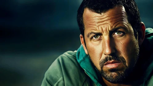 Weathered gaze in teal hoodie, caught in quiet stormlight.