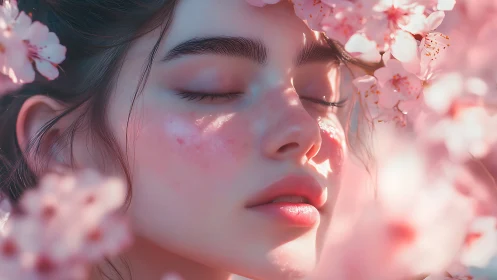 Hyperreal close-up portrait amid luminous cherry blossoms