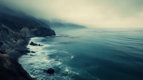 Fog-laden littoral escarpment with teal-gradient ocean interface.