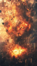 Dramatic firestorm rising over a sprawling modern cityscape.