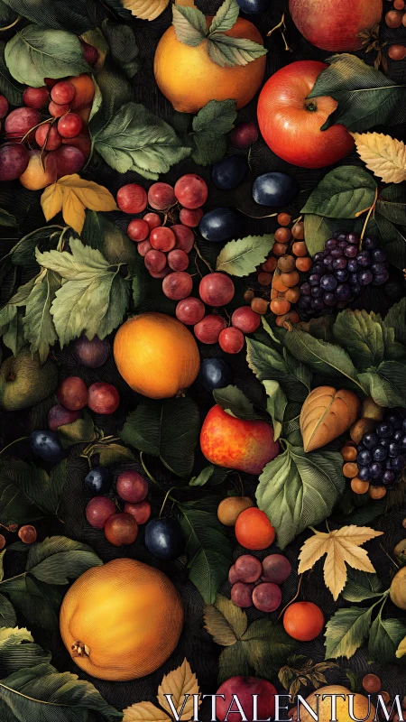 Digital still life pattern with clustered autumn fruits and leaves.