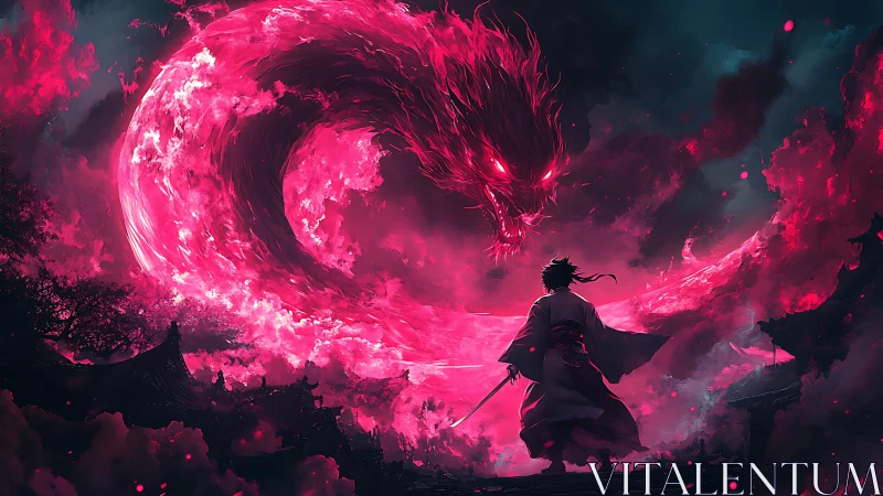 Samurai silhouette versus vortex dragon in neon inferno digital painting.