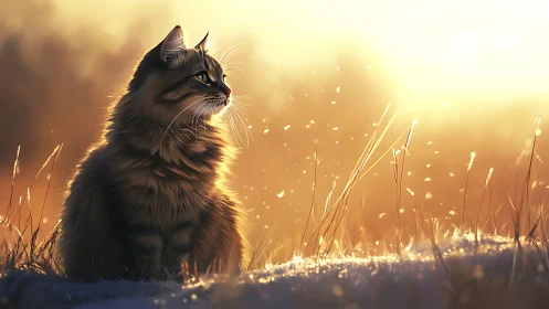 Long-haired cat in golden backlit winter meadow at dusk.