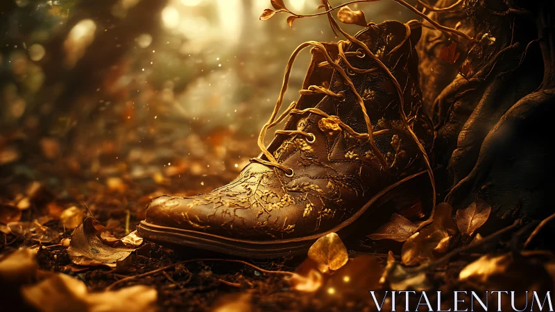 Digital painting of vine-wrapped boot in autumn forest light.