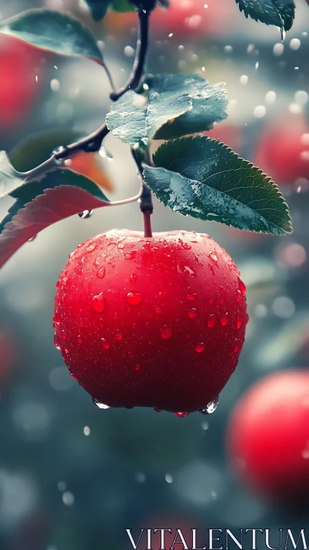Macro rainfall study of dew-laden red orchard apple.