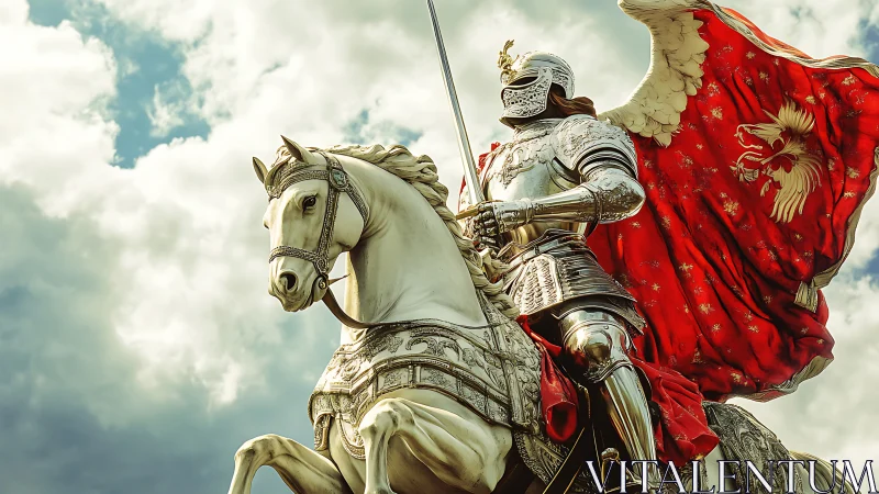 Armored knight on horse with red heraldic cape outdoors.