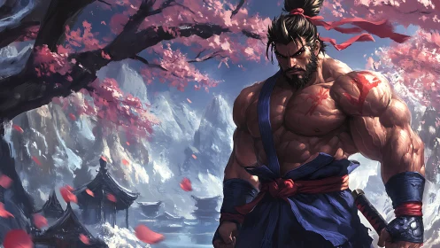 Warrior under cherry blossoms in snowy mountain temple.