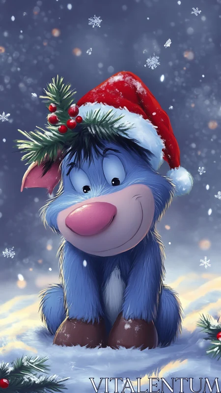 Blue cartoon puppy wears Santa hat in soft snowfall