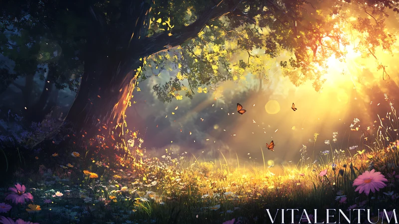 Magical Sunlit Forest Clearing with Butterflies, Digital Art Style.