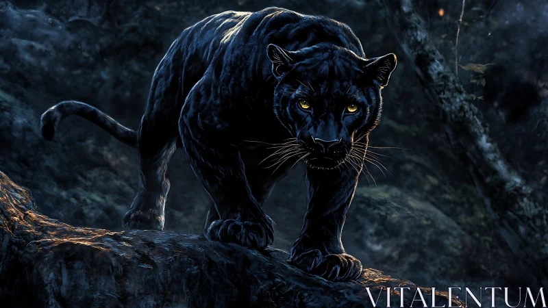 Black Panther Stalking Through Moonlit Stone Cavern