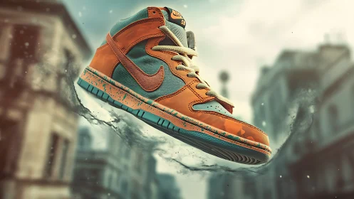 Floating orange teal sneaker rendered in dynamic street scene
