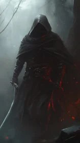 Hooded wraith assassin emerges in mist with ember-lit armor