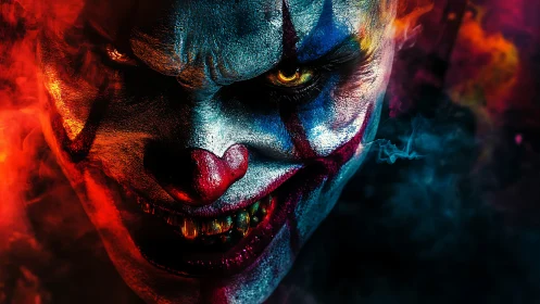 Clown face with intense lighting occupies the entire frame