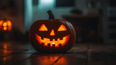 Illuminated carved pumpkin jack-o-lantern on wooden floor.