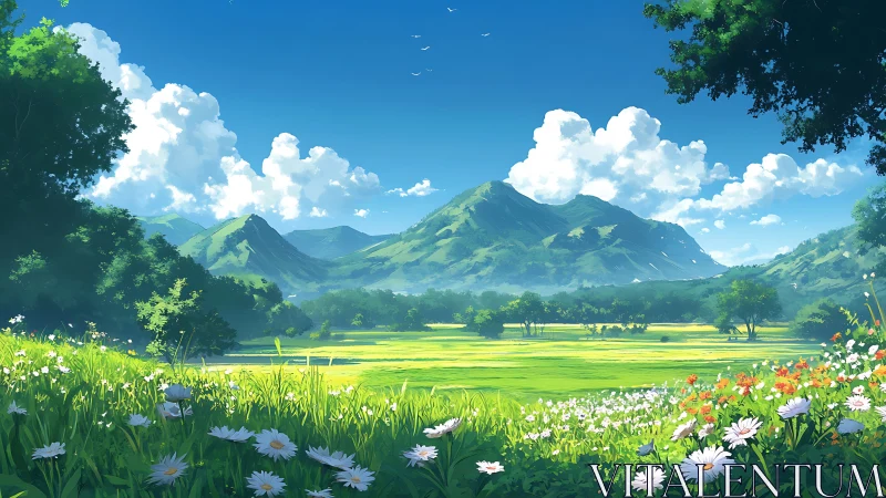 Sunlit valley meadow stretches below serene blue mountains.