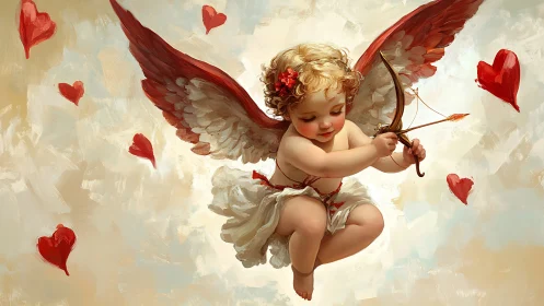 Winged cupid with bow surrounded by red hearts in sky.
