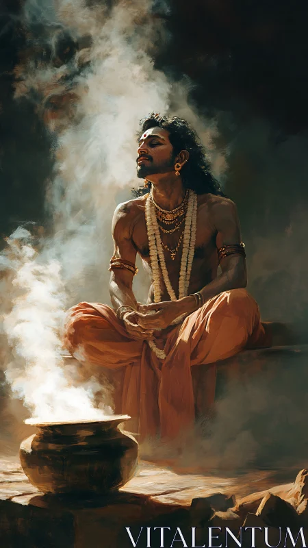 Seated man meditates beside steaming pot in smoky light