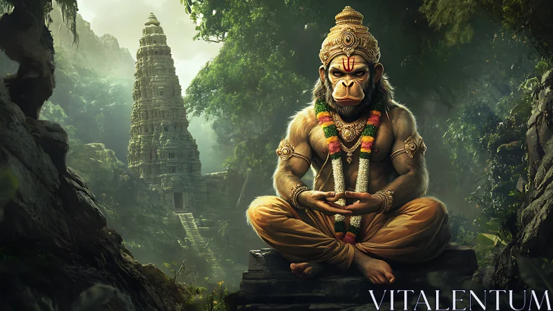 Meditative monkey deity in jungle before ancient stone tower.
