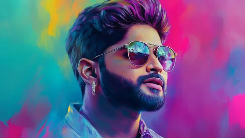 Stylized portrait of bearded man with sunglasses on neon background.