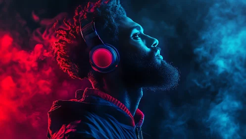 Man in headphones in red and blue neon smoke profile view.