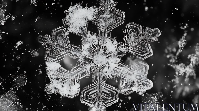 Intricate snowflake macro reveals crystalline winter geometry.