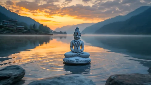 Buddha statue is centered on a reflective lake at sunset