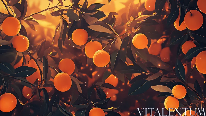 Sunlit orange grove glows with rich saturated citrus color.