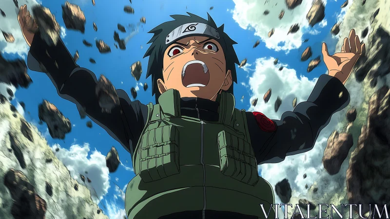 Dynamic low-angle anime warrior amid explosive rock vortex.