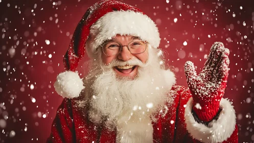 Smiling Santa Claus in red suit waves through falling snow
