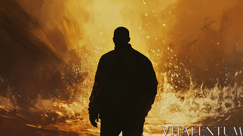 Silhouetted lone figure before blazing golden inferno.