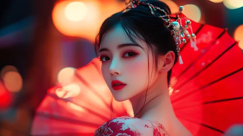 Neon-lit portrait of elegant woman with red parasol bokeh glow