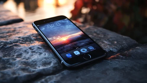 Smartphone with Sunset Display on Weathered Stone Surface.